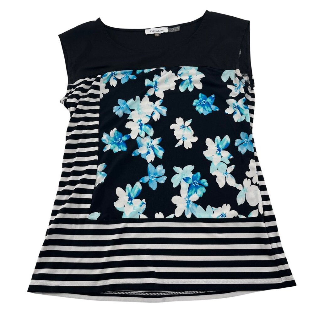Calvin Klein Womens Floral & Striped Sleeveless Top Small black blue white